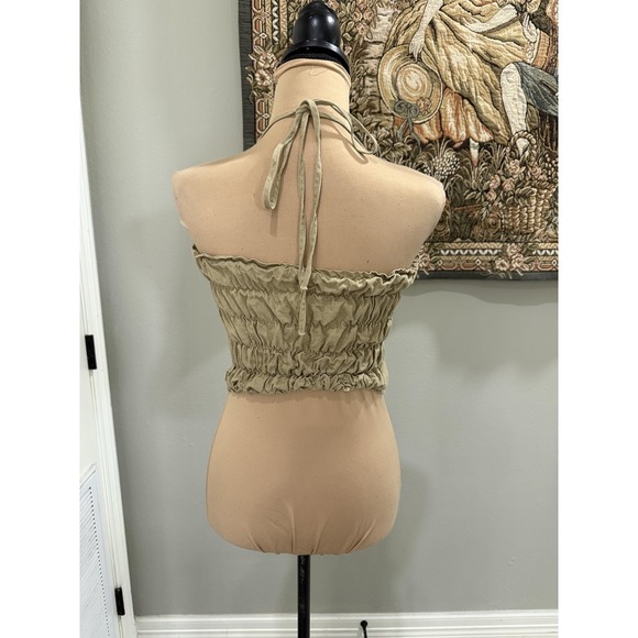 Halter Tank Top Womens Small Beige Crochet Lace Linen Blend Cropped Boho - Picture 3 of 9